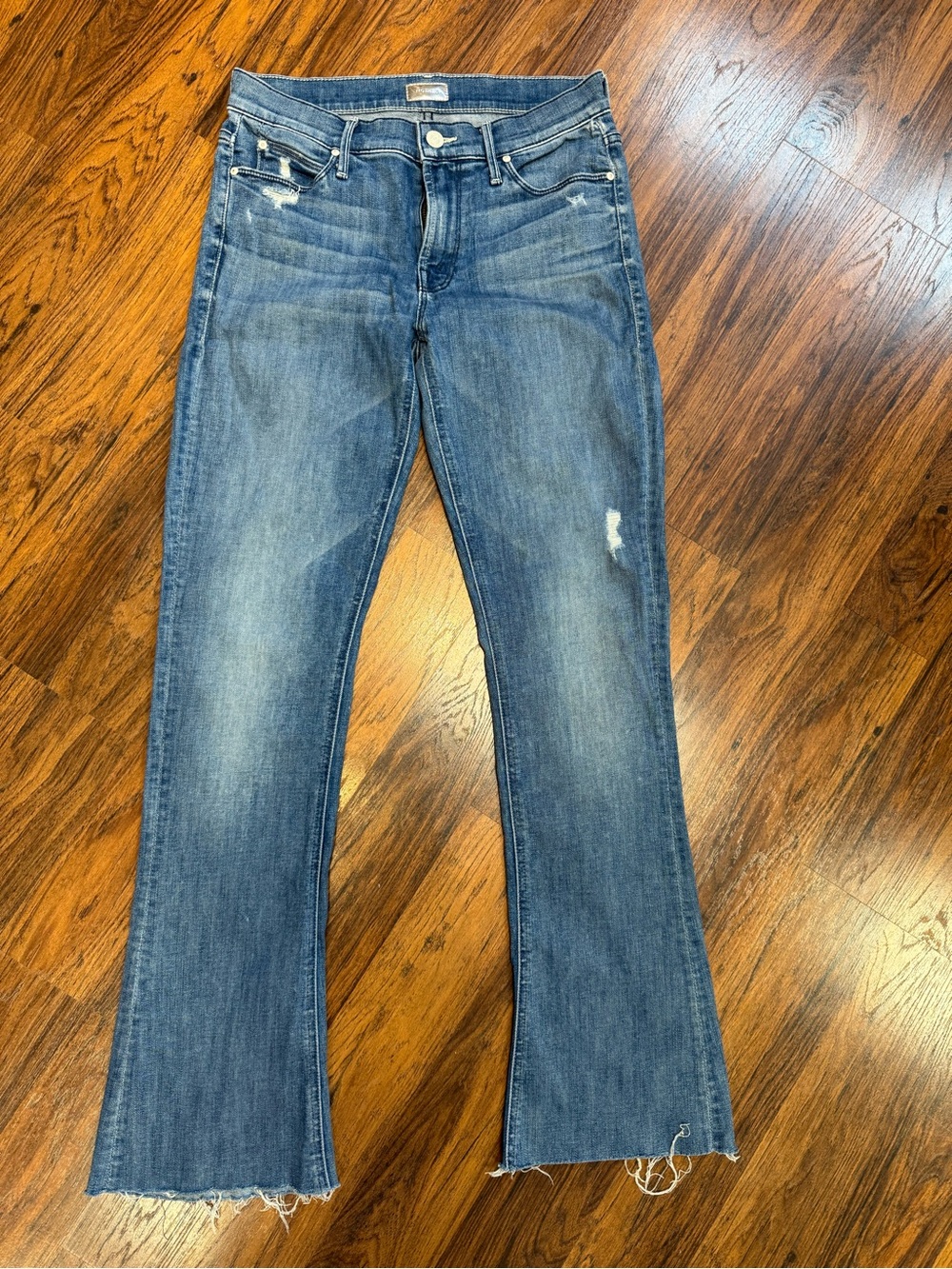 MOTHER Blue Distressed Flare Jeans